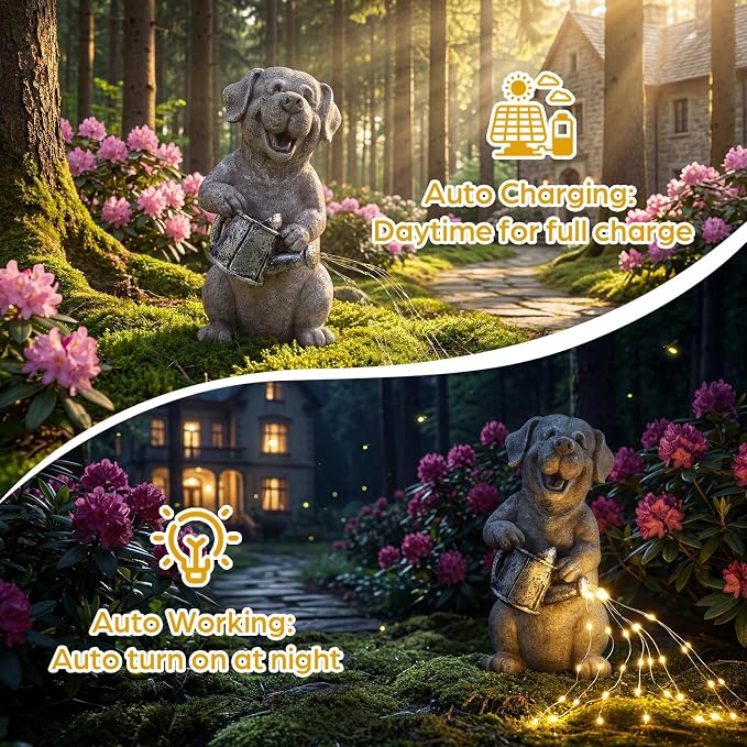 Lavezee Solar Garden Decor Dog Statues Outdoor, Dog Garden Statue 9.8‘’ for Yard Decorations Outdoor, Ideal Gifts for Mom Dad Dog Lovers Birthday Housewarming Present