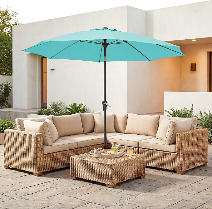 JEAREY 9FT Outdoor Patio Umbrella,Market Table Umbrella with 8 Fiberglass Ribs, Pool Umbrella with Tilt and Crank, UV Protection Lightweight & Wind-Resistant for Lawn, Garden, Deck and Backyard, Peacock Blue