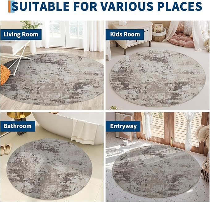 ROYHOME Modern Abstract 4x4 Round Area Rug Non Shedding, Brown Grey | Non Slip Rug Low Pile Stain Resistant for Bedroom Living Room office Dining Room