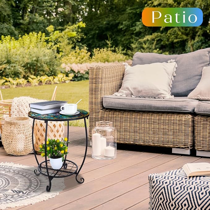 Cinnvoice Outdoor Side Table Round Small Mosaic Patio Accent Indoor End Plant Coffee Tea Table for Yard Patio Porch Garden Living Room, Bedroom(Butterfly Style,16 Inch)