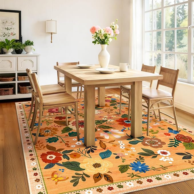 RELEANY Floral Washable 6x9 Area Rugs Orange/Yellow/Red | Flower Carpet, Print, Boho, Non-Slip, Easy to Clean, Soft, Low Pile for Living Room Bedroom Kitchen Office Entryway Hallway