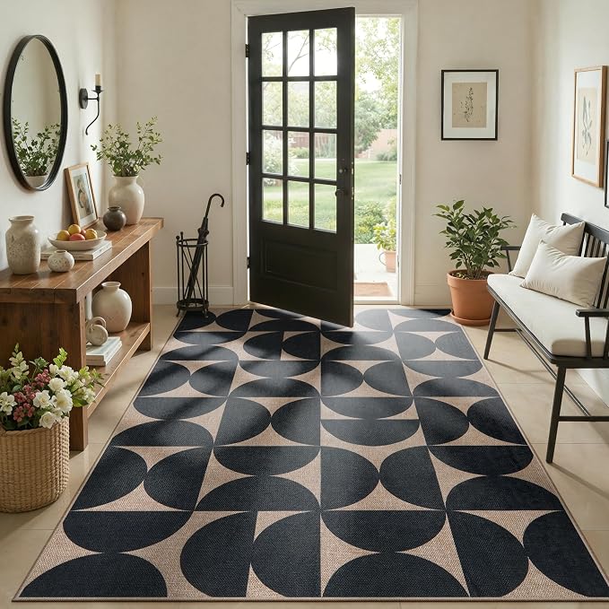 Lahome Semi Circle Easy Jute 5x7 Outdoor Rug, Geometric Washable Area Rug | Mid-Modern Non Slip Non Shedding Indoor Outdoor Black Carpet for Bedroom Dining Room