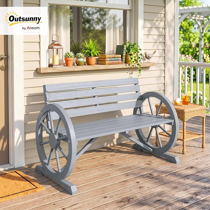 Outsunny 41" Wooden Wagon Wheel Bench, Rustic Outdoor Patio Weather Resistance Furniture, 2-Person Slatted Seat with Backrest, Light Gray