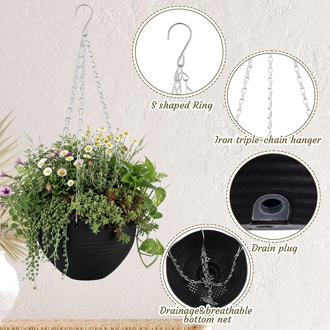 Zopeal 16 Pack Self Watering Hanging Planters 8 Inch Garden Flower Plant Pot Container with Drainer and Chain Round Hanging Pot Plant Basket for Indoor Outdoor Plants (Black)