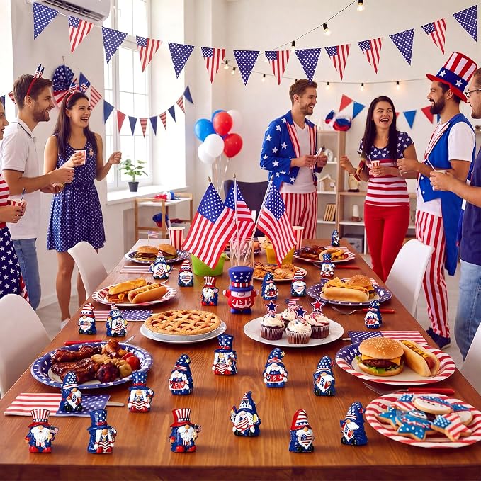 Yaomiao 60 Pcs Mini Resin 4th of July Gnomes Figurines Bulk Small Resin Patriotic Gnome 250th Anniversary Miniature Gnomes USA America Independence Day Decoration for Table Landscape Tiered Tray Decor