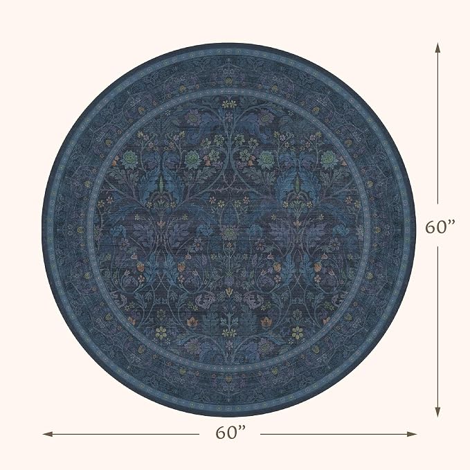 Navy Blue 5ft Round Rug for Living Room, Washable Floral Circle Rug, Vintage Cottagecore Botanical Carpet, Low Pile Non-Slip Soft Carpet for Reading Corener, Entryway, Small Space Aesthetic Decor