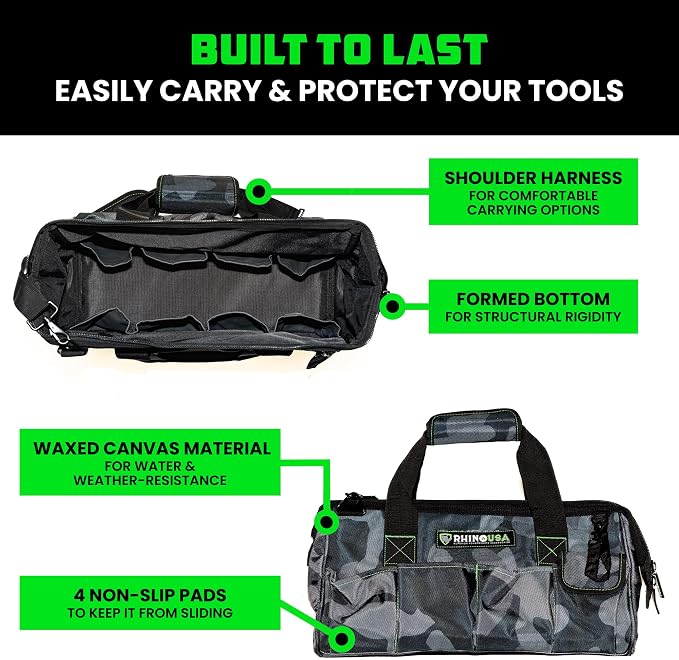 Rhino USA Tool Bag (18-Inch) Heavy Duty Wide Mouth Tool Tote with Zipper for Men - Large Tools Bags with Extra Side Storage Pockets, Reinforced Shoulder Strap & Upgraded Metal Clips (Camo)
