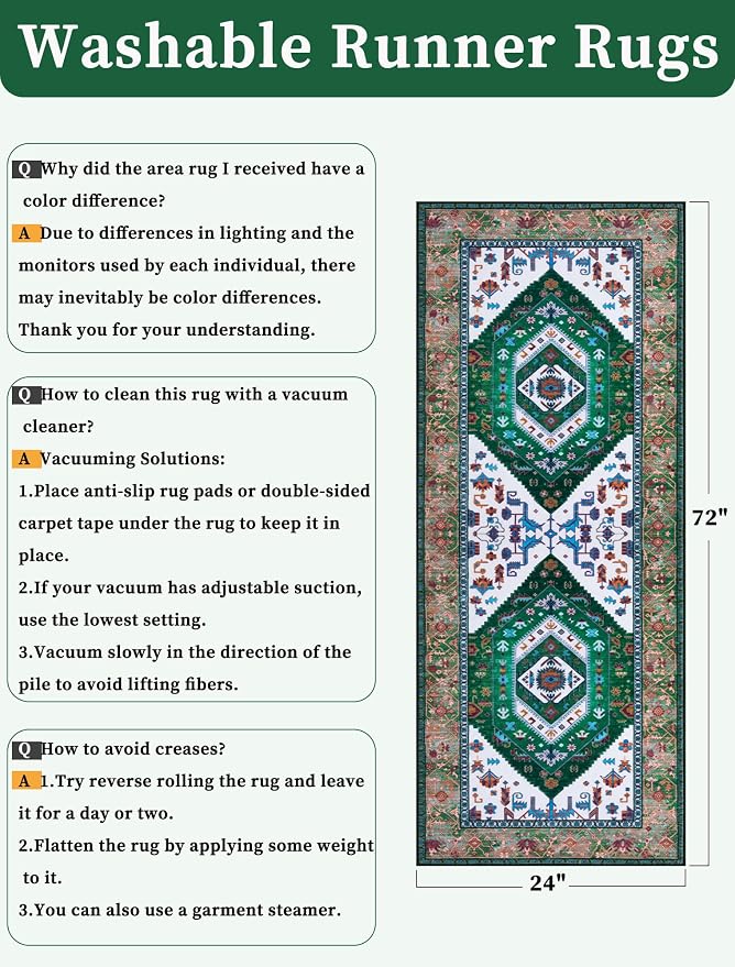 SERISSA 2x6 Washable Non Slip Boho Runner Rug for Hallway，Green White | Ultra Soft Vintage Oriental Carpet Low-Pile Distressed Tribal Floor Carpet for Kitchen Bedroom Bathroom Laundry Living Room