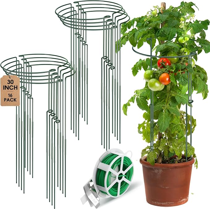 Menkxi 16 Pack Plant Support Stakes 30" H x 11.5" W Half Round Peony Cages and Supports with 66 ft Twist Tie Metal Plant Stakes for Indoor Outdoor Flower Peony Tomato Hydrangea