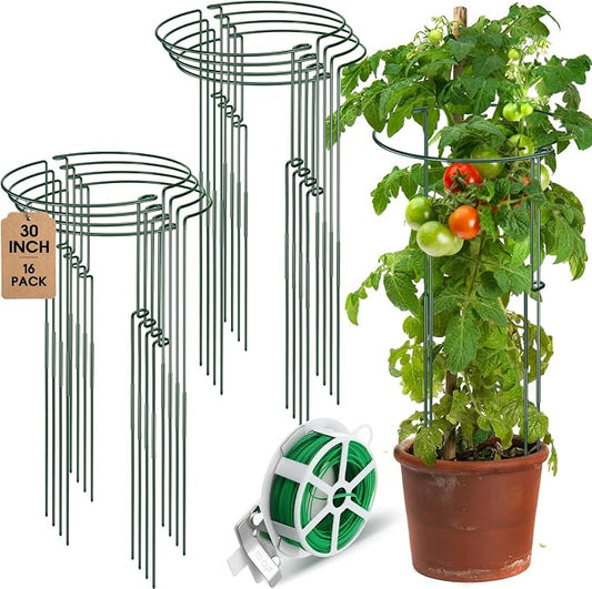 Menkxi 16 Pack Plant Support Stakes 30" H x 11.5" W Half Round Peony Cages and Supports with 66 ft Twist Tie Metal Plant Stakes for Indoor Outdoor Flower Peony Tomato Hydrangea