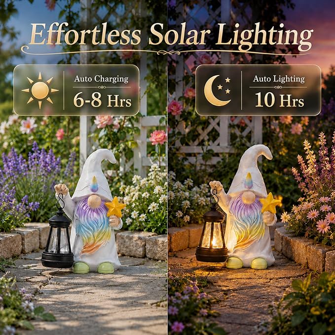 Solar Garden Gnome Statue : Unicorn Outdoor Lantern Decor | Waterproof Resin, Figurine Lights,Yard Lawn Porch Balcony Patio Home Decorations, Gifts for Mom Women Grandma