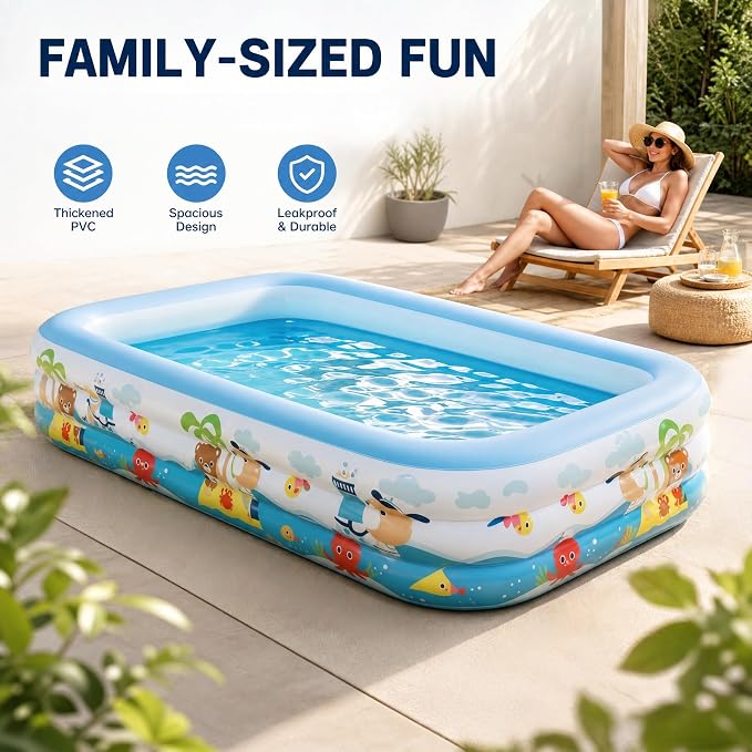 Heavy Duty 3-Ring Inflatable Family Pool 118x69x21 Inches Blow Up Swimming Pool for Backyard Garden Summer Water Party