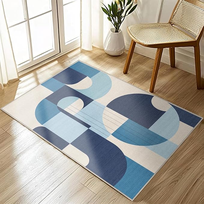 2x3 Blue and White Geometric Rug for Bathroom Entryway Abstract Modern Area Rug Machine Washable Mat Non-Slip Small Carpet for Bedroom Kitchen Indoor