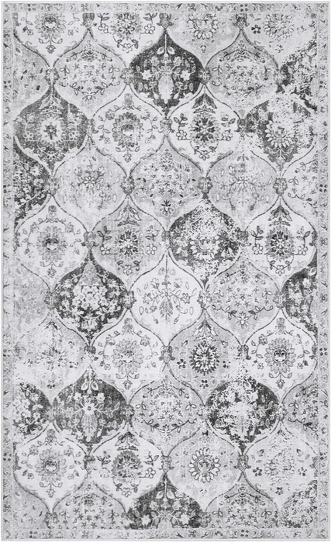 Lahome Moroccan Washable Small Area Rug, 3x5 Rugs for Bedroom Living Room | Trellis Non-Slip Oriental Accent Throw Carpet for Kitchen Office Entryway Bathroom Office Elise, Silver Grey