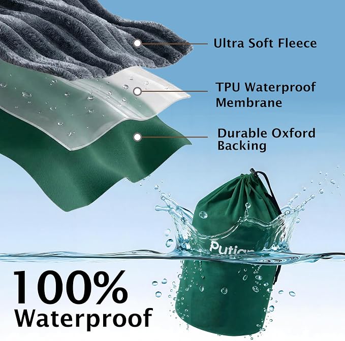 PuTian Waterproof Outdoor Blanket 79"X57" Packable, Stadium & Car Camping Blanket with Corduroy Fleece Lining, Windproof Throw for Picnic Hiking Road Trip, Machine Washable, Green 350GSM
