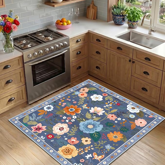 RELEANY Floral Washable Square 5ft Area Rug Blue/Grey | Flower Carpet, Print, Boho, Non-Slip, Easy to Clean, Soft, Low Pile for Living Room Bedroom Kitchen Office Entryway Hallway
