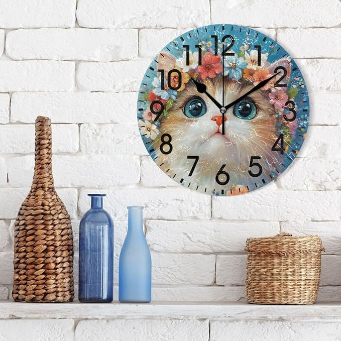 ALAZA Home Decor Cat Wreath Kitten Round Acrylic 9.84 Inch Wall Clock Non Ticking Silent Clock Art for Living Room Kitchen Bedroom