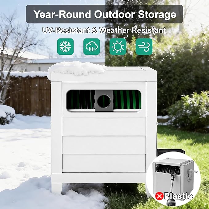 Metal Garden Hose Reel Box, Heavy Duty 150Ft 5/8" Large Capacity Hose Storage Deck Box with Hose Guide, 6Ft Leader Hose, Leak-Proof Aluminum Water Connection, Manual Crank Handle Easy Essemble (White)