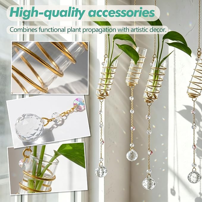 6Pcs Hanging Propagation Station with Crystal Ball Prisms Plant Suncatcher | Glass Wall Hanging Propagation Vases Crystals Prism Suncatchers Decor for Windows Home Wedding with a Cleaning Brush