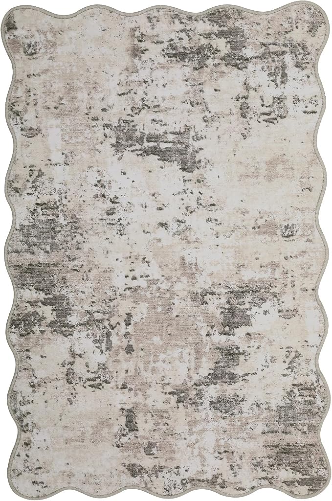 ROYHOME Modern Abstract 2x3 Scalloped Area Rug Non Slip, Brown Grey | Non Shedding Low Pile Stain Resistant Rug for Entryway Kitchen Bedroom