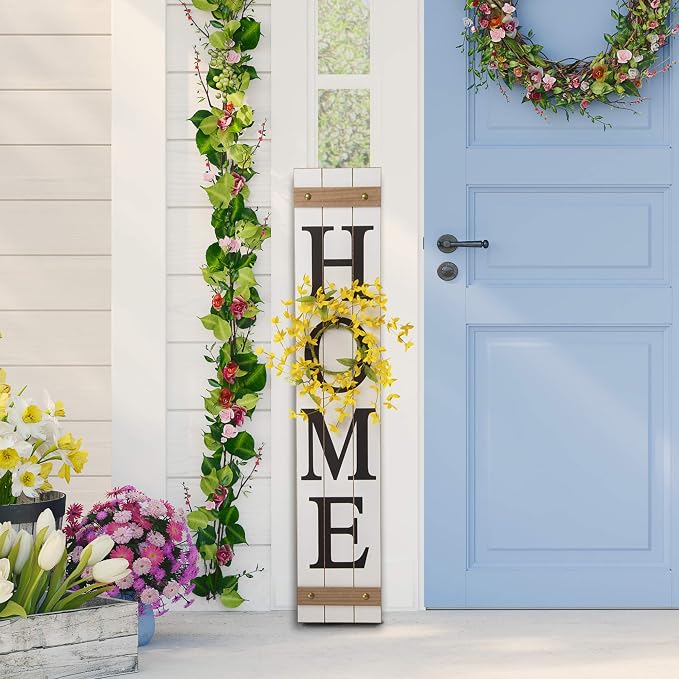 Glitzhome 42”H Wooden Welcome Home Porch Sign with Interchangeable Wreaths for Front Door Vertical Farmhouse Standing Home Sign Hanging Wall Sign for Year Spring Fall Thanksgiving Christmas