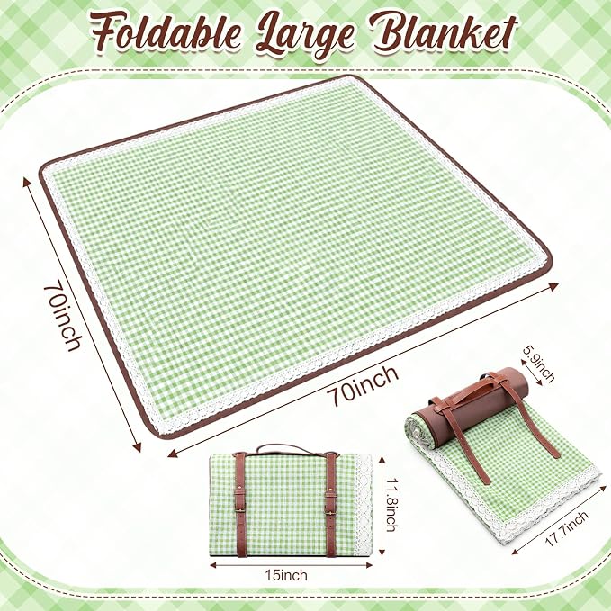VitalCozy Waterproof Picnic Blankets 59 x 78in Outdoor Blanket Foldable 2 in 1 Double Layer Sandproof Beach Mat with Carry Strap for Camping Lawn Park Beach Grass (Green White)