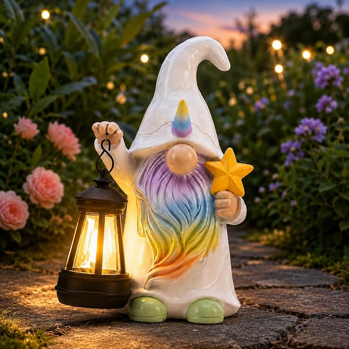 Solar Garden Gnome Statue : Unicorn Outdoor Lantern Decor | Waterproof Resin, Figurine Lights,Yard Lawn Porch Balcony Patio Home Decorations, Gifts for Mom Women Grandma