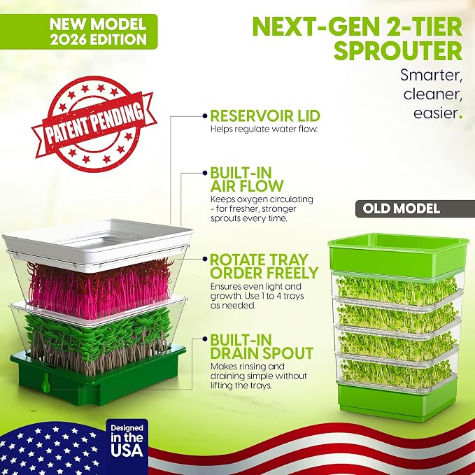 ZESTIGREENS 2-Tier Seed Sprouter Kit with USA-Grown Broccoli & Alfalfa Seeds – Stackable Sprouting Tray with Ventilated Design & Easy Sink-Drain Spout