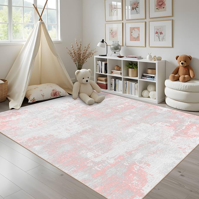 Latte&Fog 6x9 Area Rugs for Living Room Modern Abstract Washable Pink Rugs | for Dining Kitchen Kids Nursery Playroom Guest Room Classroom Dorm Farmhouse Office, Non Slip Low Pile Soft Floral Carpets