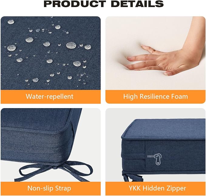 Unimatta Sunbrella Square Corner Seat Cushions, 19" x 19" x 3", Set of 4, Indoor Outdoor Water Repellent Universal Chair Pads with Ties for Patio Furniture, Garden Dining Chairs, Specrtum Indigo