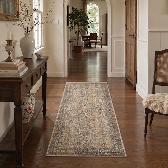 2x3 Doormat, Vintage Floral Washable Non Slip Area Rug for Entrance | Vintage Floral Soft Low Pile Boho Small Rug for Entryway Bedside Kitchen, Stain Resistant Easy Care Indoor Rug, Dusty Taupe
