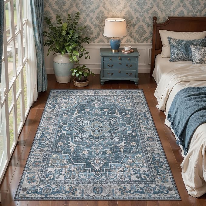 Tangsoo Farmhouse 3x5 Rugs, Washable Non Slip Accent Rugs for Entryway Blue | Farmhouse Indoor Carpet,Boho Soft Low Pile Oriental 3x5 Area Rug for Living Room Dorm Bedroom Bedside Bathroom Entrance Decor