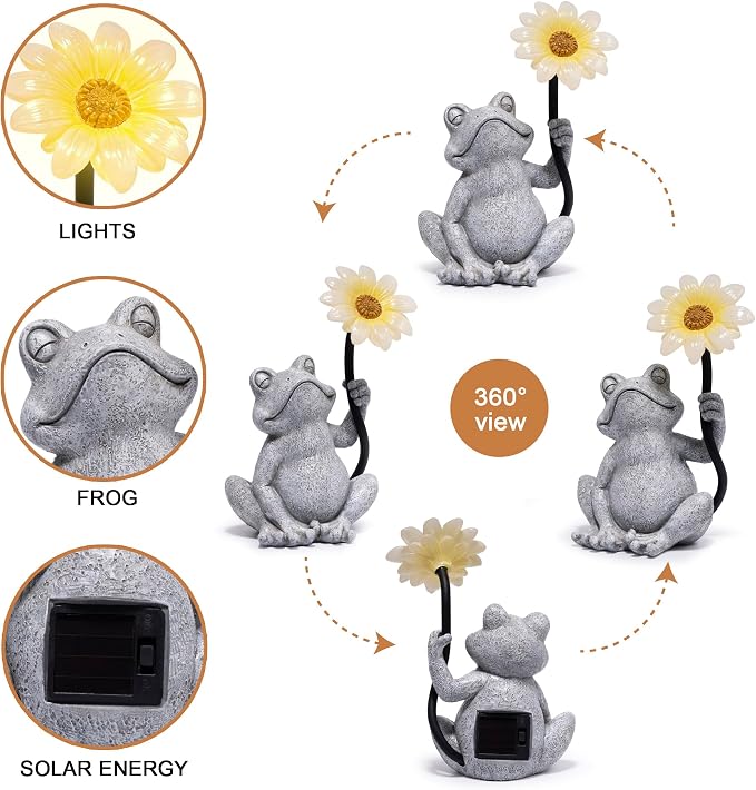 basen Solar Frog Garden Statue with Sunflower Light, Outdoor Solar Frog Figurine Decor for Yard Lawn Patio, Resin Frog Sculpture with LED Solar Lantern for Garden Landscape Ornament
