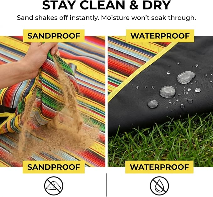 80"x80" XL Mexican Style Beach & Picnic Blanket, Sandproof Waterproof, 3-Layer Mat, Easy Fold