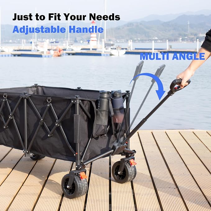 novelinks Foldable Utility Cart, Heavy Duty Collapsible Garden/Beach Wagon Supporting 440lbs, Outdoor Grocery Wagon with Brakes and Pocket, Sports Camping Shopping (Extra Large 260L)