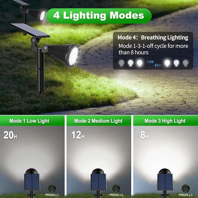 Tadyreal Solar Spot Lights Outdoor Waterproof 180° Adjustable Solar Powered Landscape Lights for Yard 4 Lighting Modes Solar Spotlights for Pathway Garden Outside Wall Pool Porch (2 Pack, Cool White)