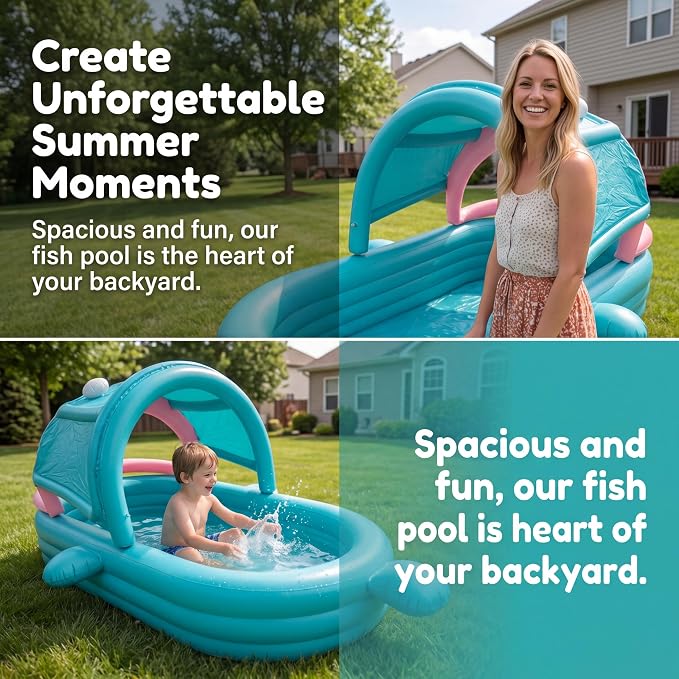 Inflatable Kiddie Pool with Canopy, Giant Fish Blow Up Pool for Kids Toddlers Adults, Thickened PVC Family Pool, 3 Air Chambers, 96"×59"×20" Backyard Summer Splash