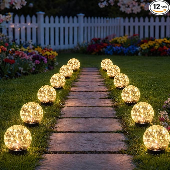 SyouHome Solar Garden Lights Outdoor Waterproof, 12 Pack | Cracked Glass Ball Light, Ground Landscape Garden Decor, Solar Globe Decorative for Pathway/Patio/Lawn/Yard