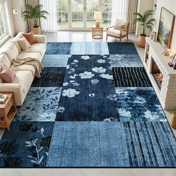 DweIke Floral Rugs for Living Room, 4x6 Washable Area Rug for Dining Room Farmhouse Office Bedroom Decor, Geometric Patchwork Stain Resistant Low Pile Indoor Floor Throw Rugs, Navy Blue