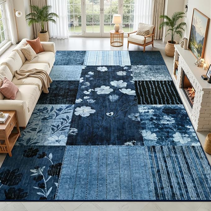 DweIke Floral Rugs for Living Room, 5x7 Washable Area Rug for Dining Room Farmhouse Office Bedroom Decor, Geometric Patchwork Stain Resistant Low Pile Indoor Floor Throw Rugs, Navy Blue