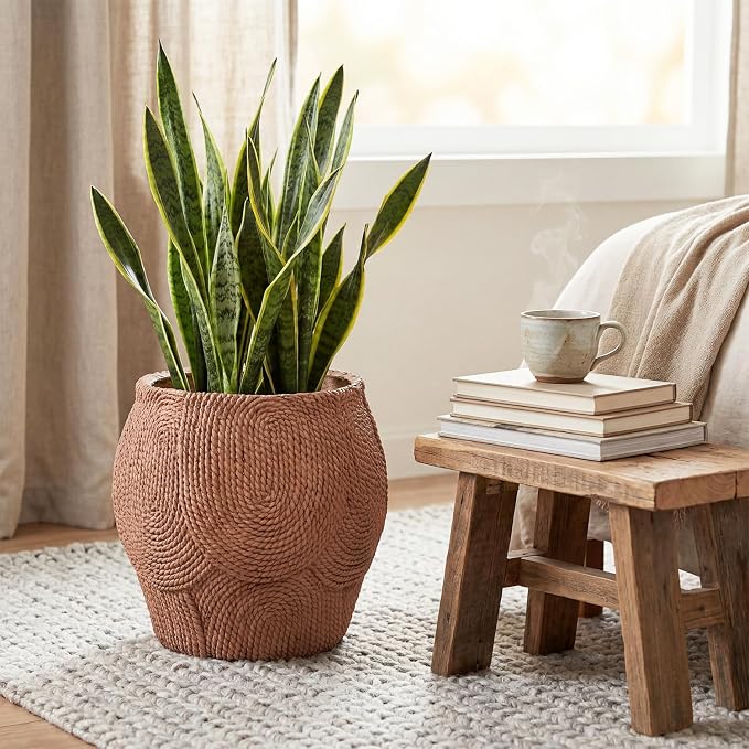 10.6" H x 11" Dia Fiberstone Planter Pot with Drainage Hole, Decorative Flower Pot for Indoor Outdoor Plants, Handcrafted Rope Texture Planter for Patio, Porch, Garden, Home Decor & Artificial Plants