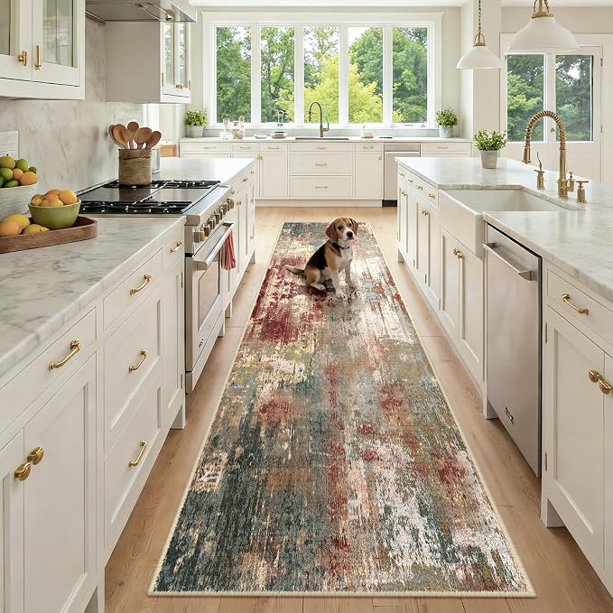 RELEANY Washable Runner 2'6"x10' Abstract Area Rug for Hallway Rustic Brown | Carpet for Kitchen, Entryway, Bathroom, Living Room, Bedroom, Printed Pattern, Non‑Slip, Soft, Stain‑Resistant, Easy to Clean