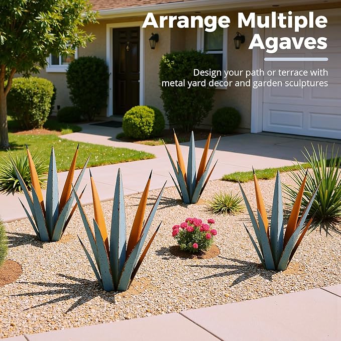 KODIBO 24” Large Metal Agave Plants Outdoor Decor, Vintage Blue Tequila Rustic Sculpture Outdoor Statues, Agave Metal Plants for Yard Garden Lawn Ornaments，Artisan Metal Agave Landscape Decor