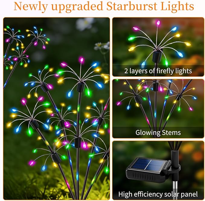 Solar Garden Lights Outdoor, 4 Pack 2-Layer Multicolor Solar Firework Lights, Waterproof Starburst Fairy Light Garden Decor for Yard Patio Pathway Lawn, Unique Gifts for Women Mom Grandma Mother's Day