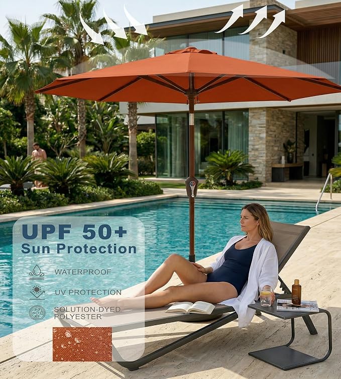PatioKingdom 10FT Patio Umbrella with Push Button Tilt and Crank, Outdoor Market Umbrella with 8 Fiberglass Ribs, UV Protection Table Umbrella for Pool,Backyard,Garden,Deck