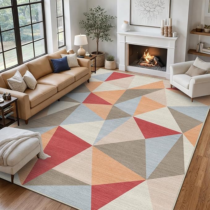 5x7 Colorful Triangle Geometric Area Rug for Living Room Bedroom Abstract Modern Large Rug Machine Washable Non-Slip Carpet for Dining Room Office