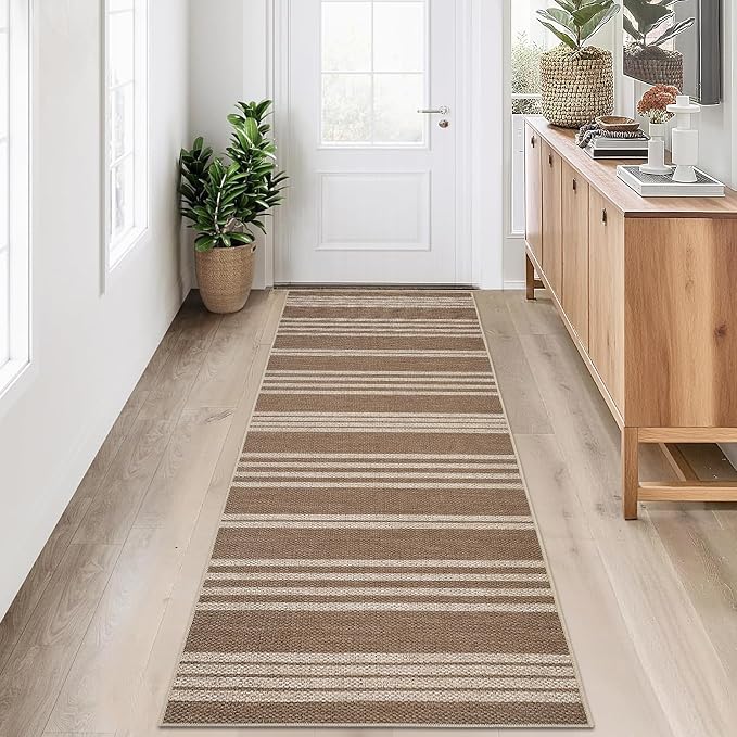 Garvee 2x6 Easy Jute Kitchen Rugs Washable Rugs for Hallway, Brown | Modern Line Print Area Rug Stain Resistant Easy Cleaning Throw Rugs Low Pile Floor Cover for Bedroom Laundry