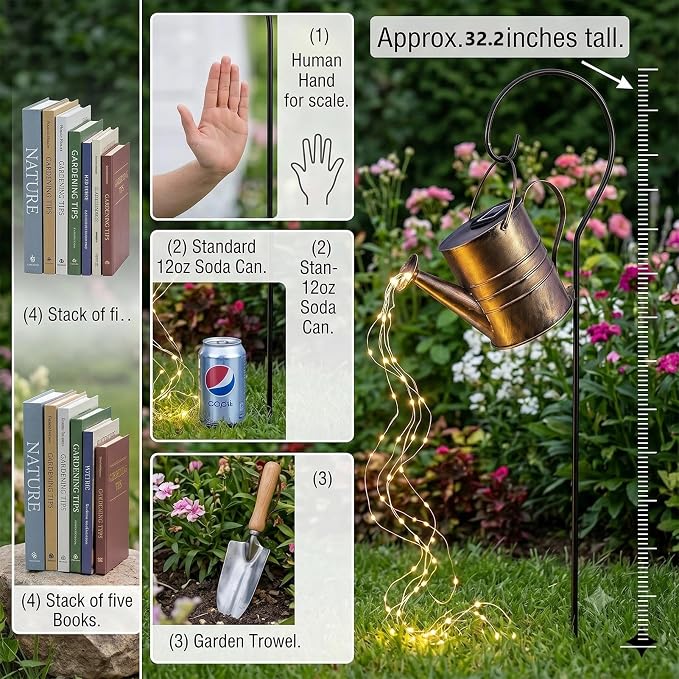 Solar Watering Can Lights Outdoor, Hanging Metal Garden Decor with Cascading Warm White Fairy Lights, Waterproof Yard Patio Lawn Ornament, Gifts for Gardeners