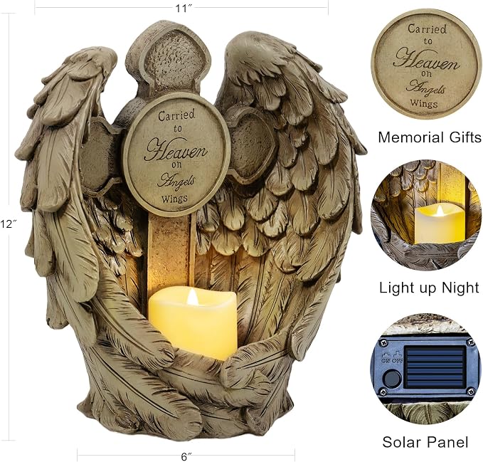 Solar Angel Wings Memorial Statue with LED Candle & Cross, Weather-Resistant Resin Grave Decorations for Cemetery, Sympathy Bereavement Gifts for Loss of Loved One