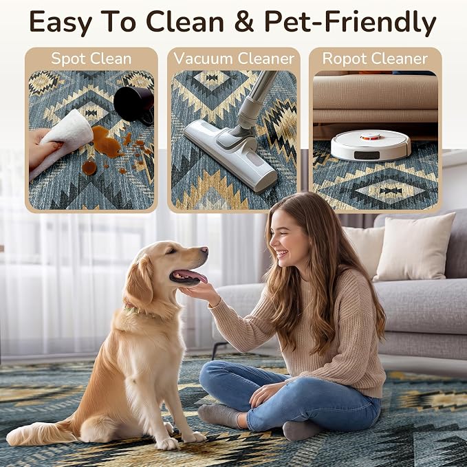 9'x12' Washable Area Rug for Living Room Bedroom Navy/Grey | Soft Western No Slip Low Pile Print Foldable Indoor for Kitchen Dining Room